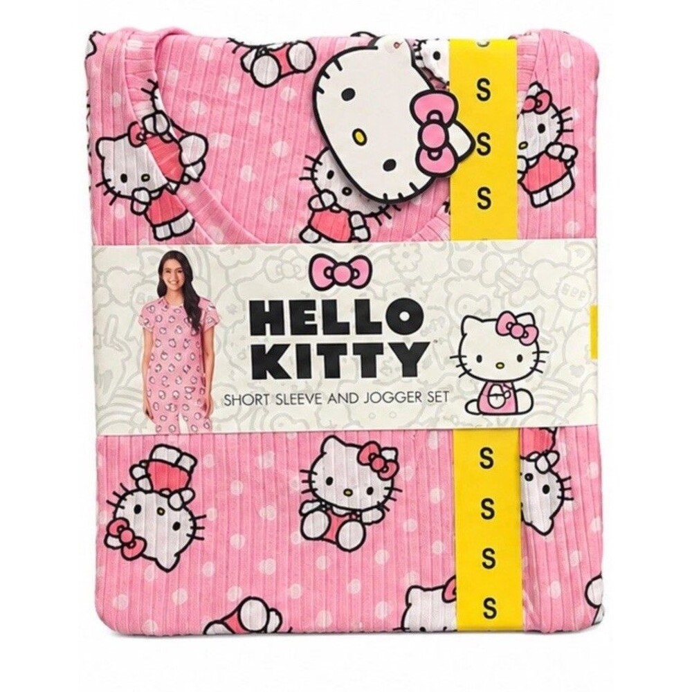 NWT Hello Kitty Womens Pajama Set Pink Short Sleeve Jogger Small Cute Soft New